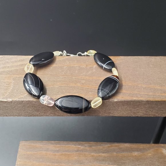 8 Inch Sterling Silver Black And Yellow Semi Precious Stones Bracelet - Picture 4 of 6